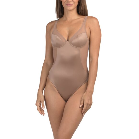SPANX Cafe Au Lait Sleeveless Shaping Satin Finish Mesh Thong Bodysuit - Picture 1 of 1